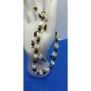 Hematite & Mother Of Pearl Necklace Bracelet Set Gold Bead Cluster Accents